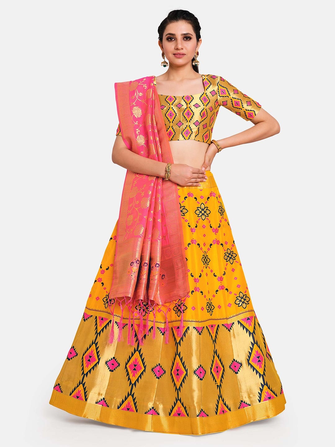MIMOSA Yellow & Pink Semi-Stitched Lehenga & Blouse with Dupatta