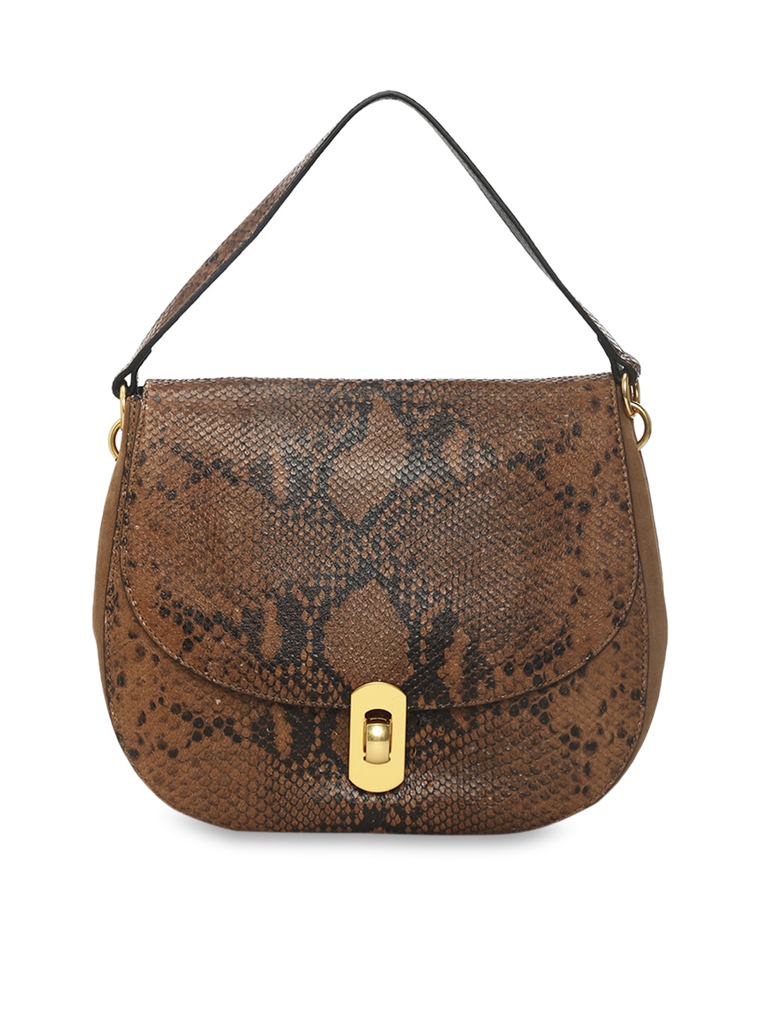 Coccinelle Tan Animal Printed Leather Structured Handheld Bag with Cut Work
