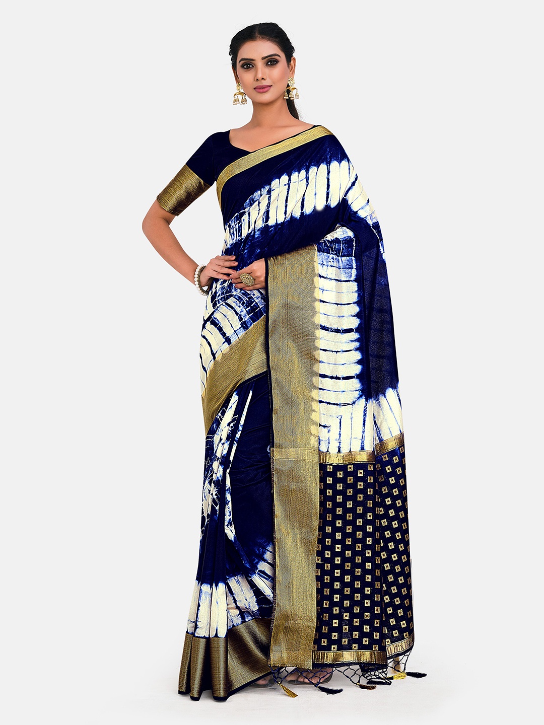 MIMOSA Navy Blue & White Tie and Dye Zari Art Silk Banarasi Saree