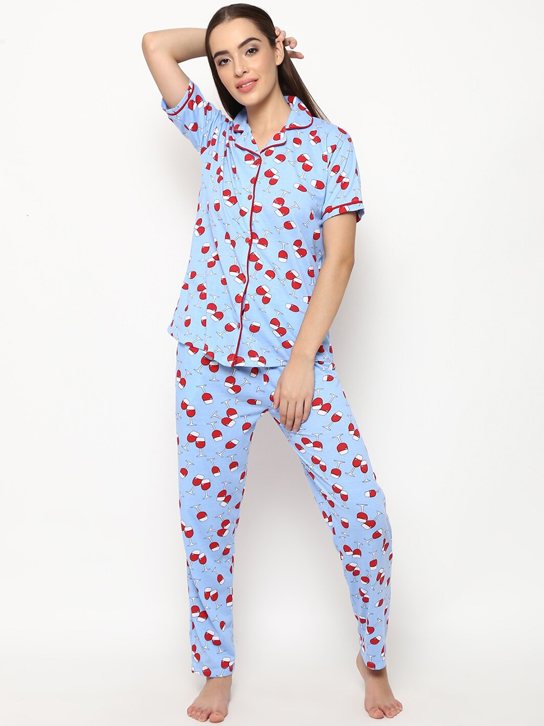V2 Value & Variety Women Blue & Red Printed Night suit