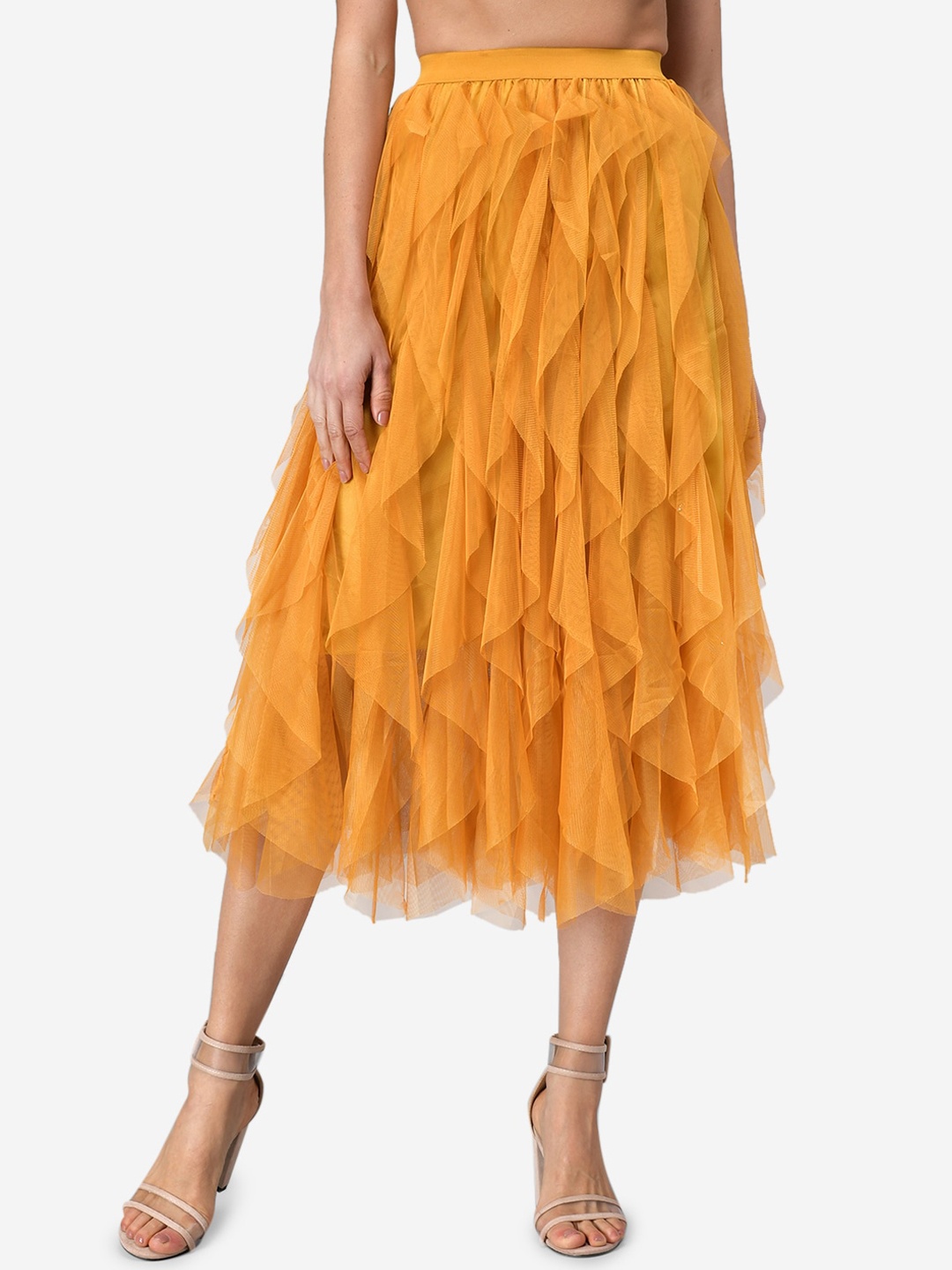 Darzi Women Yellow Solid A-Line Maxi Skirt