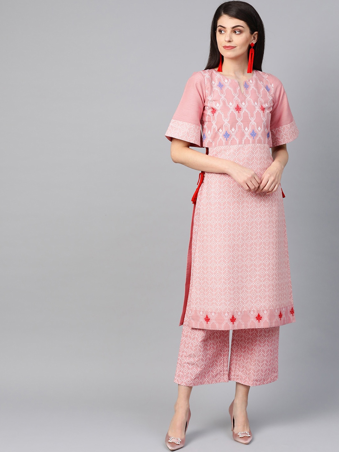 ZIYAA Women Pink Ethnic Motifs Yoke Design Panelled Kurta with Palazzos