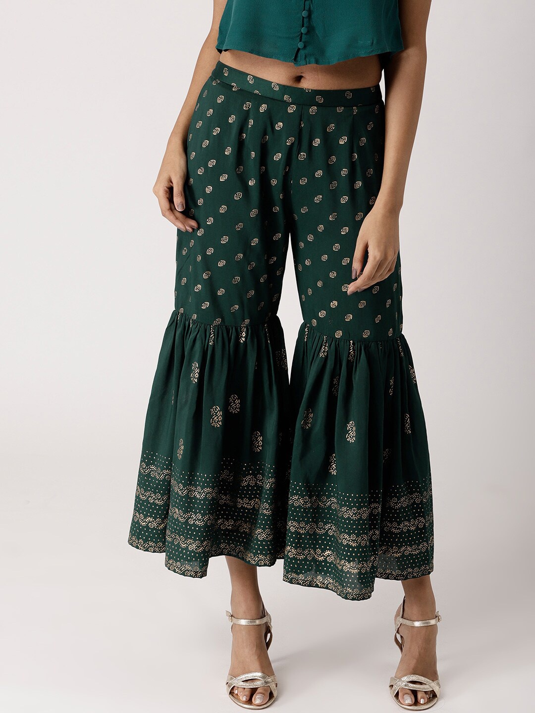 Libas Women Green & Gold-Toned Ethnic Motifs Printed Sharara