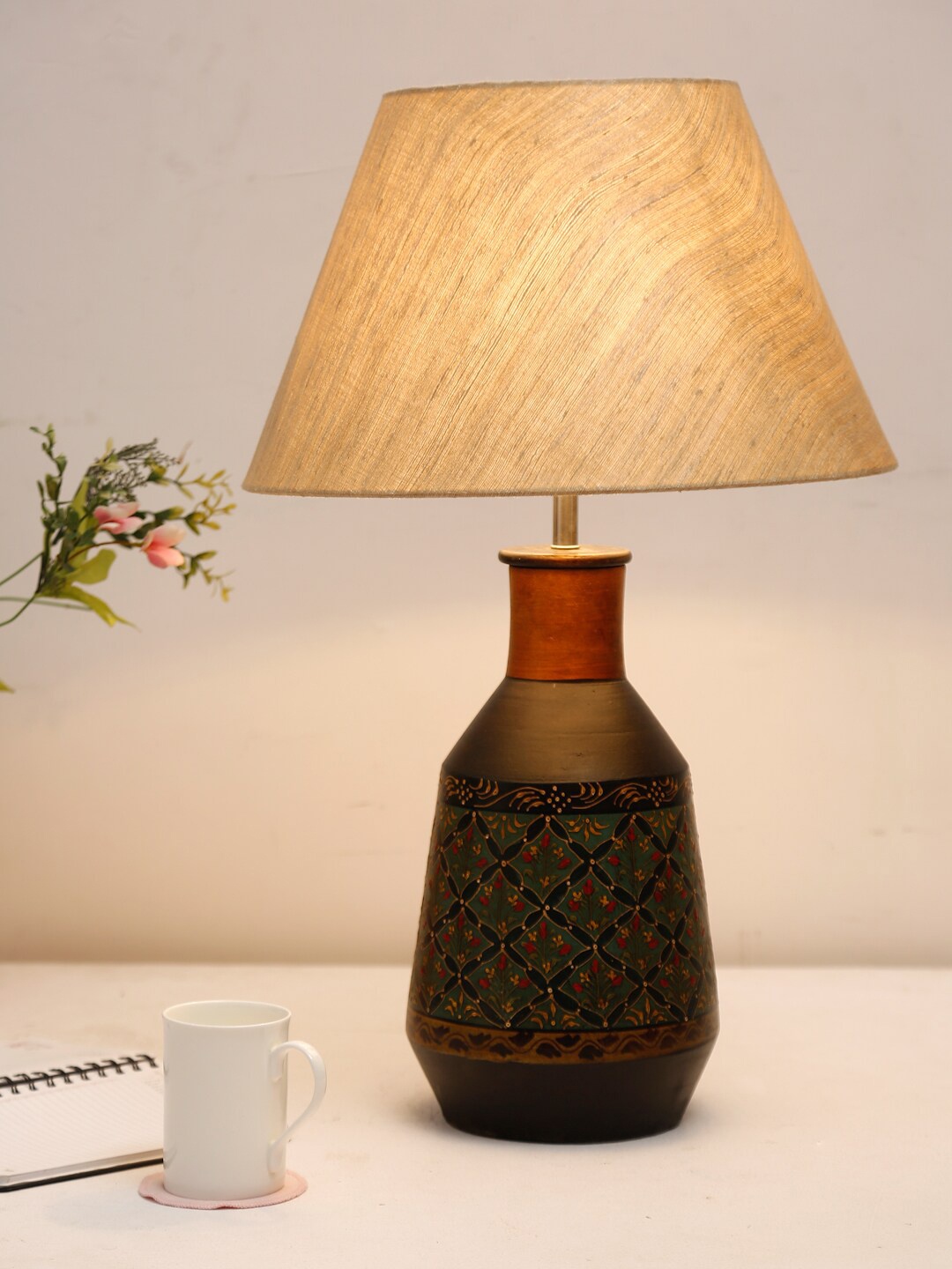 Fabindia Beige & Green Classic Country Bedside Standard Table Lamp