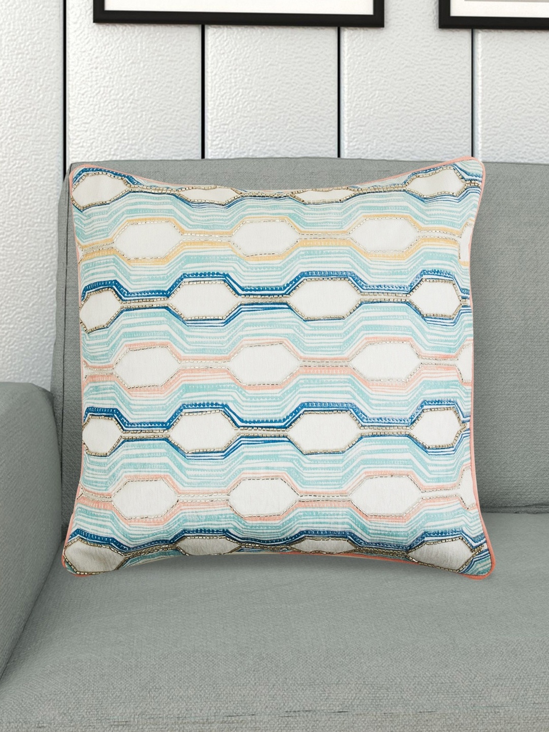 Home Centre White & Blue Geometric Square Cushion Cover