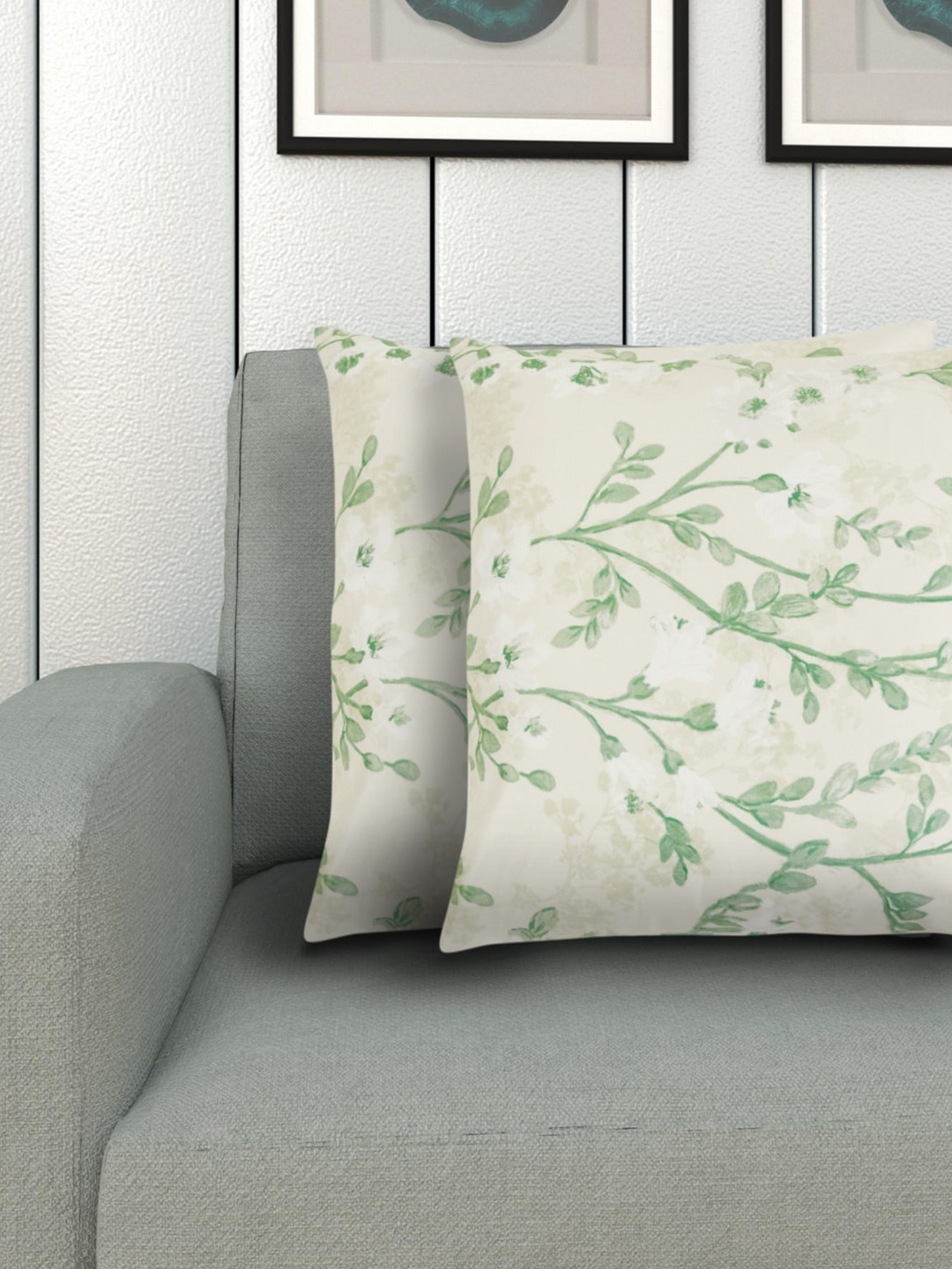 Home Centre Cream & Green Set of 2 Floral Square Cushion Covers