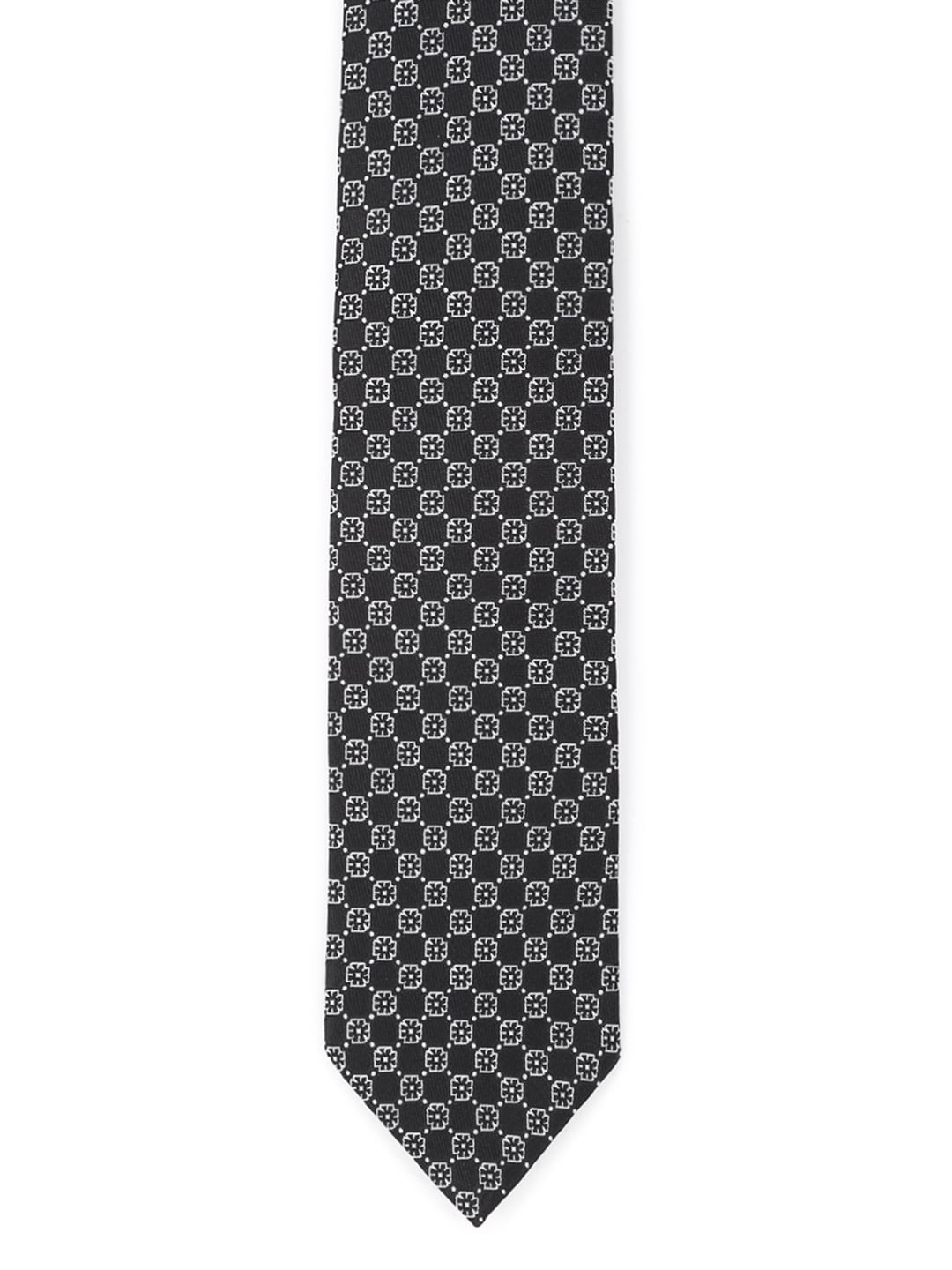 Peter England Men Charcoal & White Woven Design Broad Tie