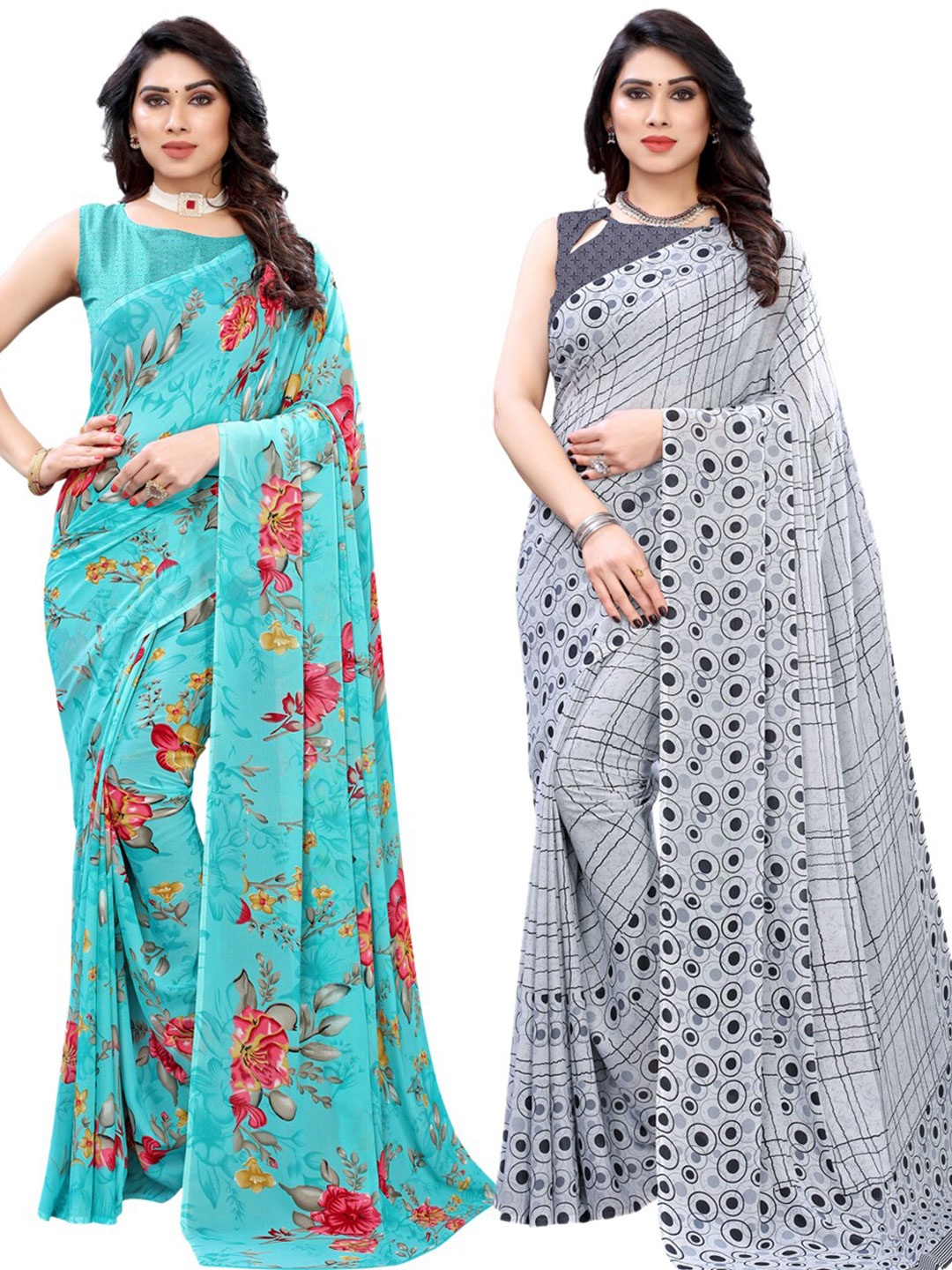 KALINI Pack of 2 Blue & Grey Floral Pure Georgette Saree