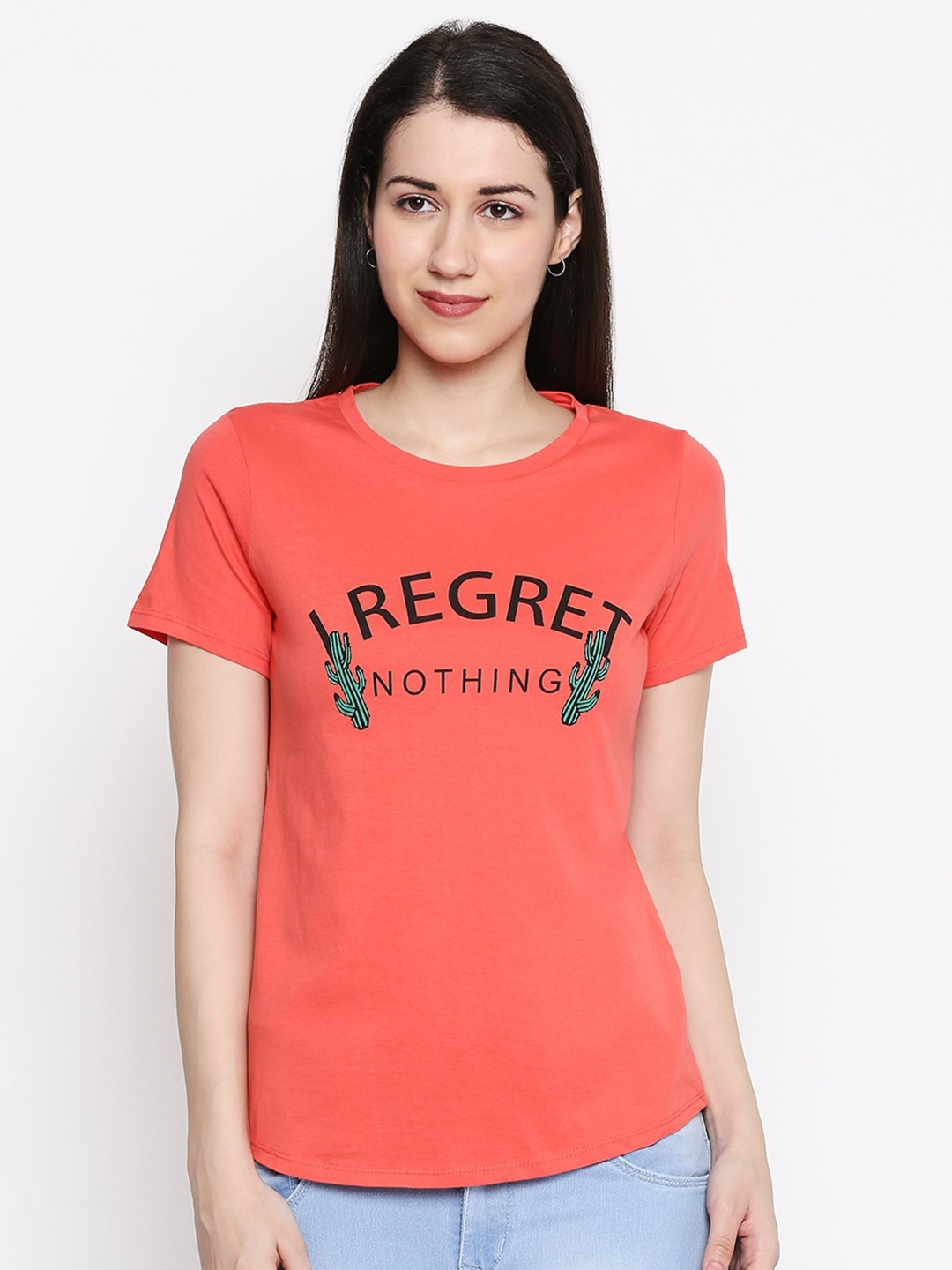 People Women Coral Typography Printed T-shirt