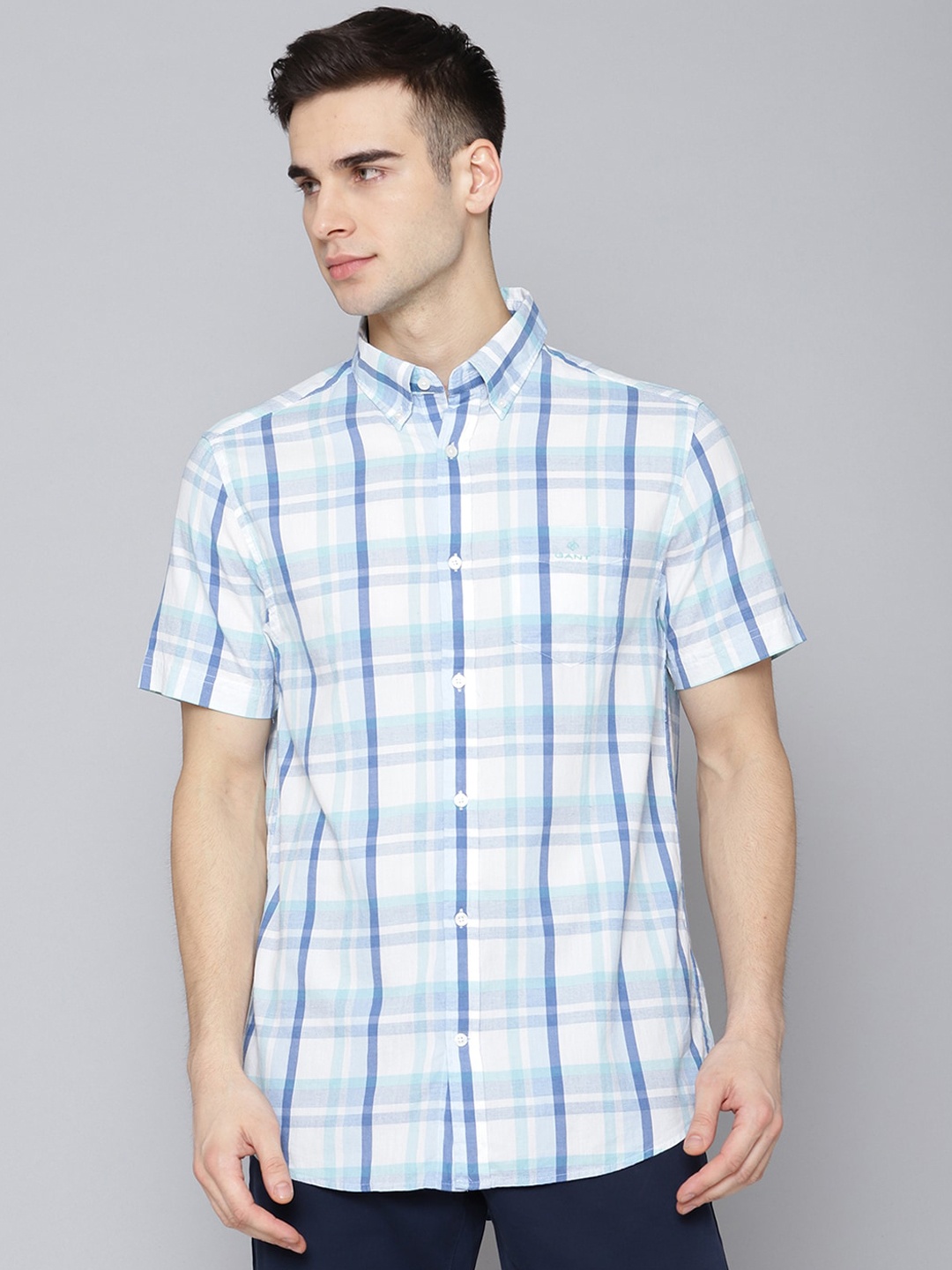 GANT Men Blue & White Slim Fit Checked Casual Shirt