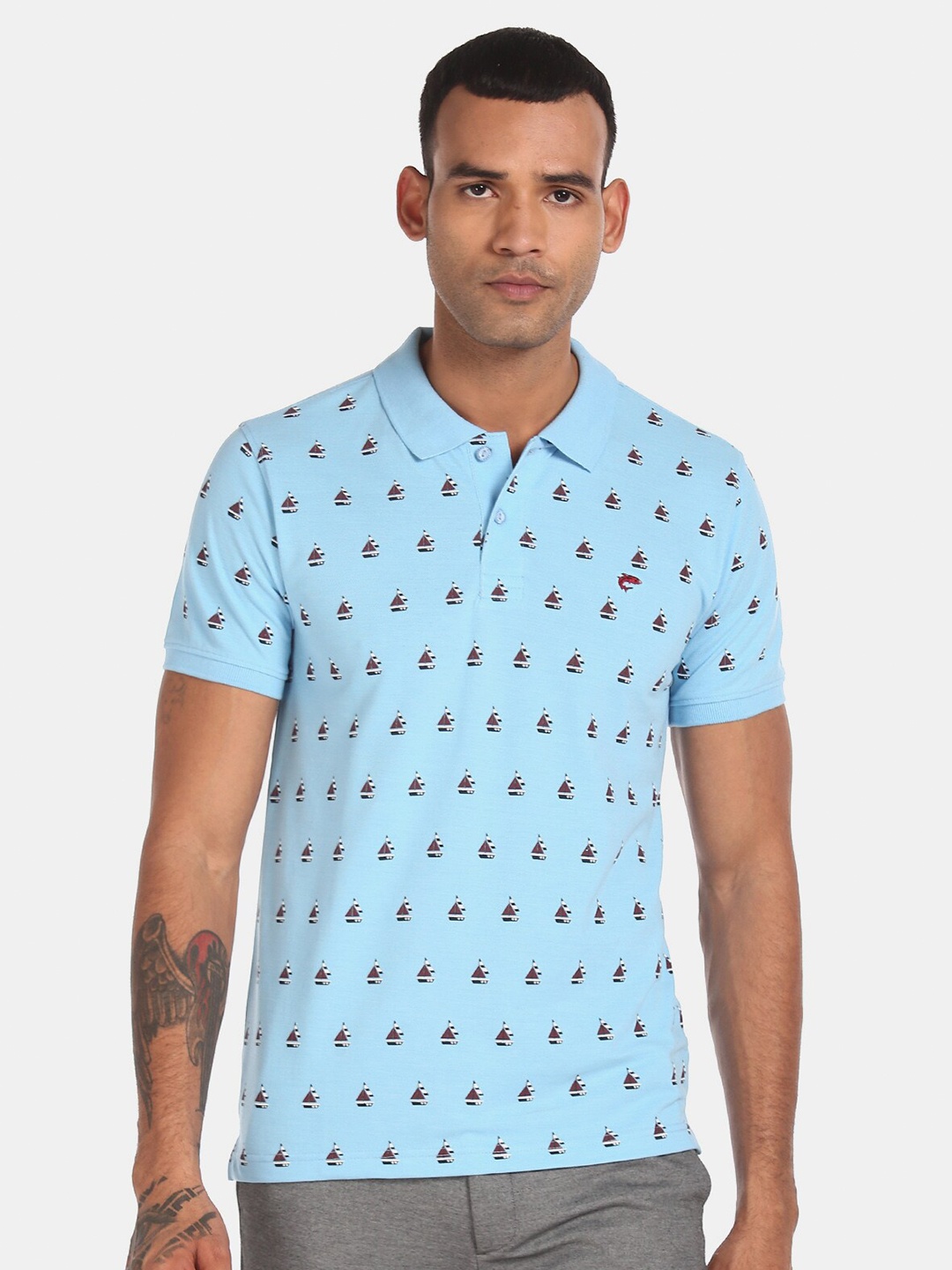Ruggers Men Blue Typography Printed Polo Collar T-shirt