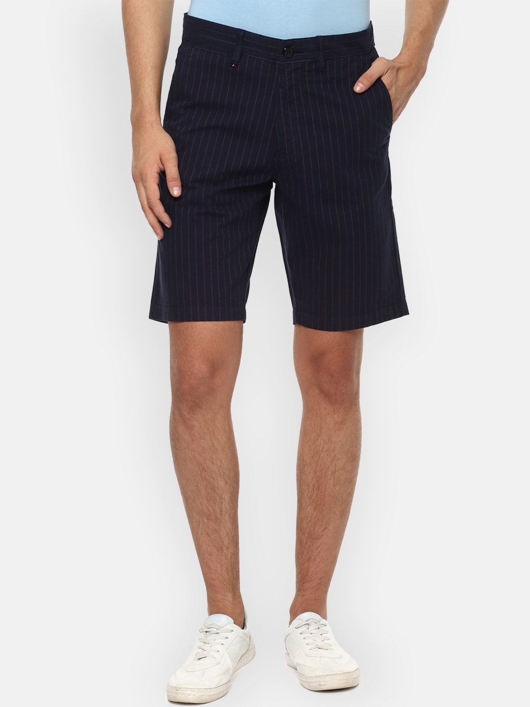 Louis Philippe Sport Men Navy Blue Striped Mid-Rise Regular Shorts