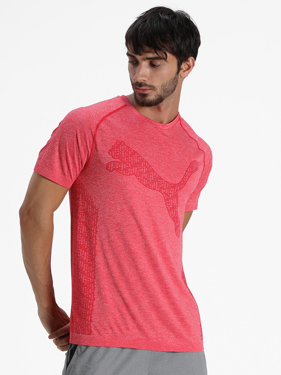 Puma Men Red Brand Logo Printed dryCELL Slim Fit RTG evoKNIT T-shirt