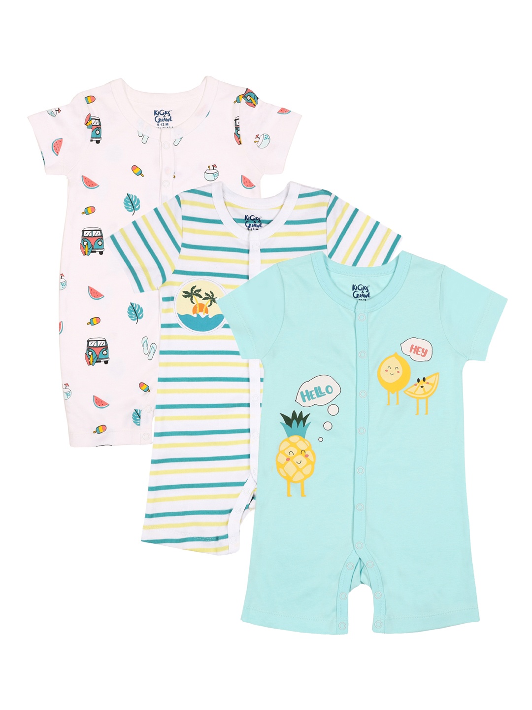 KICKS & CRAWL Infant Boys Pack Of 3 Printed Cotton Rompers, Green