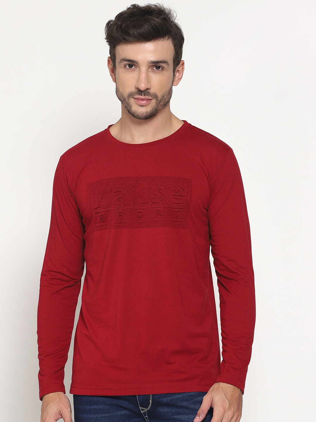 PAUSE SPORT Men Maroon Typography Printed Slim Fit T-shirt