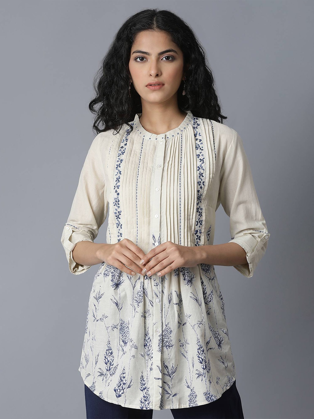 W Beige Mandarin Collar A-Line Top