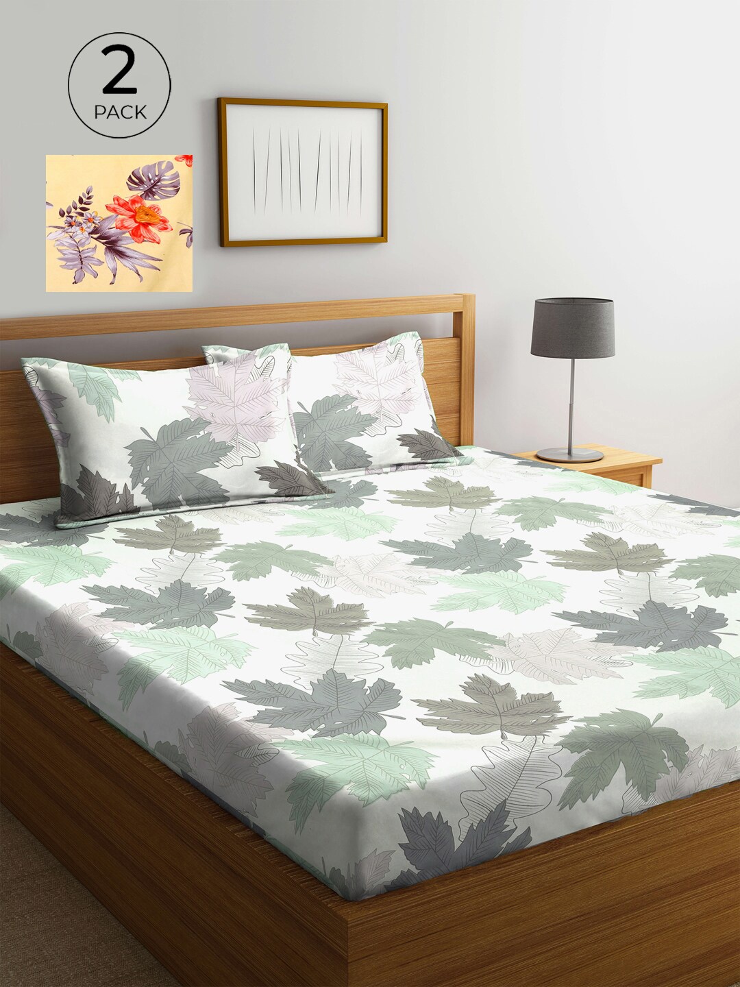 KLOTTHE Grey & Yellow Floral 210 TC Set of 2 King Bedsheets with 4 Pillow Covers