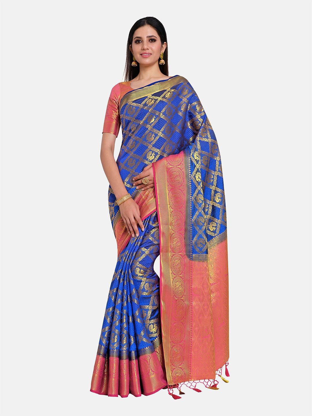 MIMOSA Blue & Gold-Toned Woven Design Zari Art Silk Kanjeevaram Saree With Tasseled Pallu
MIMOSA Blue & Gold-Toned Woven Design Zari Art Silk Kanjeevaram Saree With Tasseled Pallu
