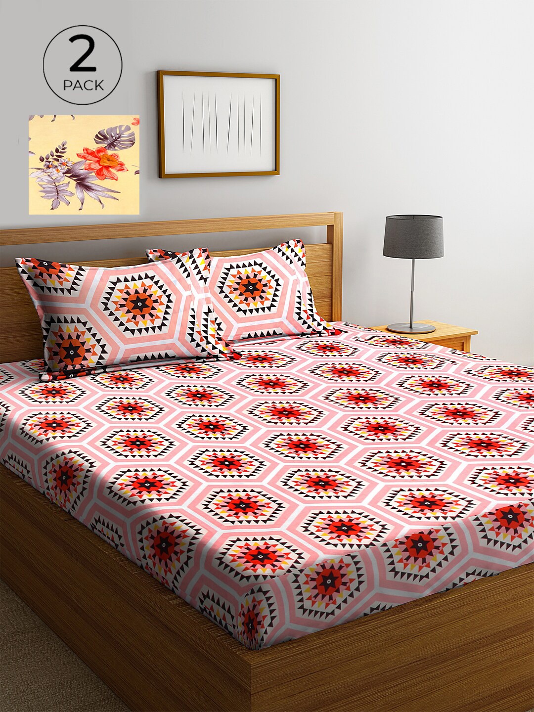 KLOTTHE Pink & Yellow Geometric 210 TC 2 King Bedsheet with 4 Pillow Covers