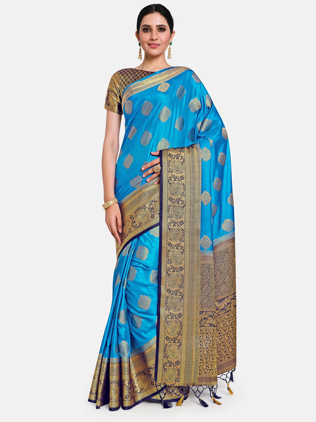 MIMOSA Blue & Gold-Toned Floral Zari Art Silk Kanjeevaram Saree