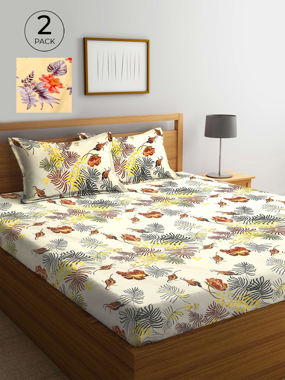 KLOTTHE White & Yellow Floral 210 TC 2 King Bedsheet with 4 Pillow Covers