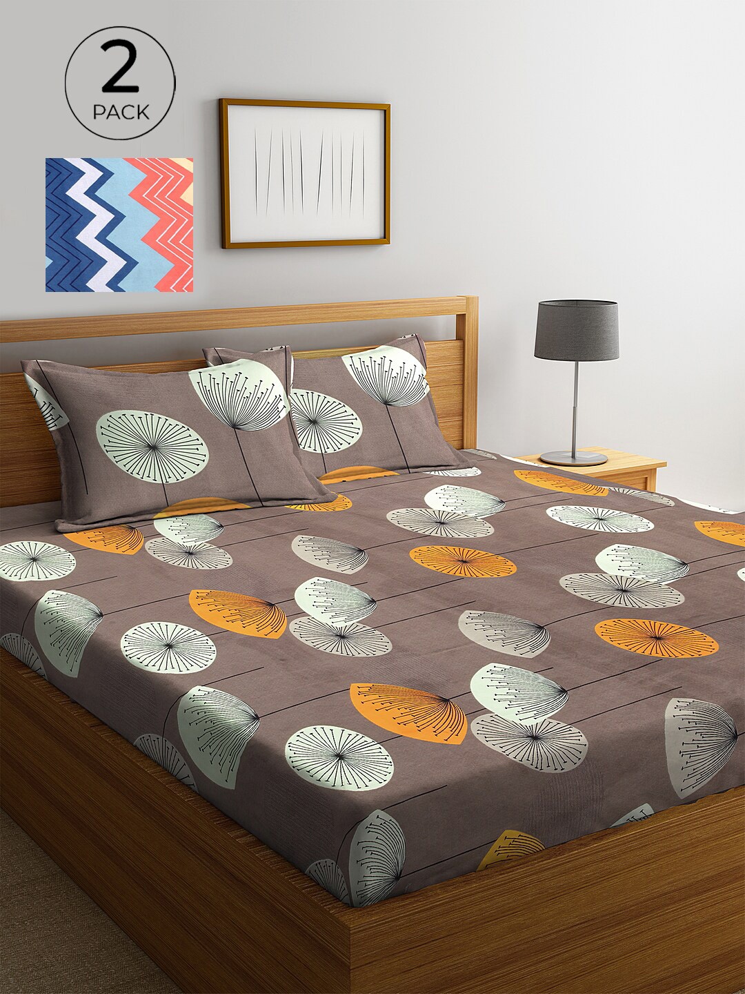 KLOTTHE Brown & Blue Floral 210 TC 2 King Bedsheet with 4 Pillow Covers