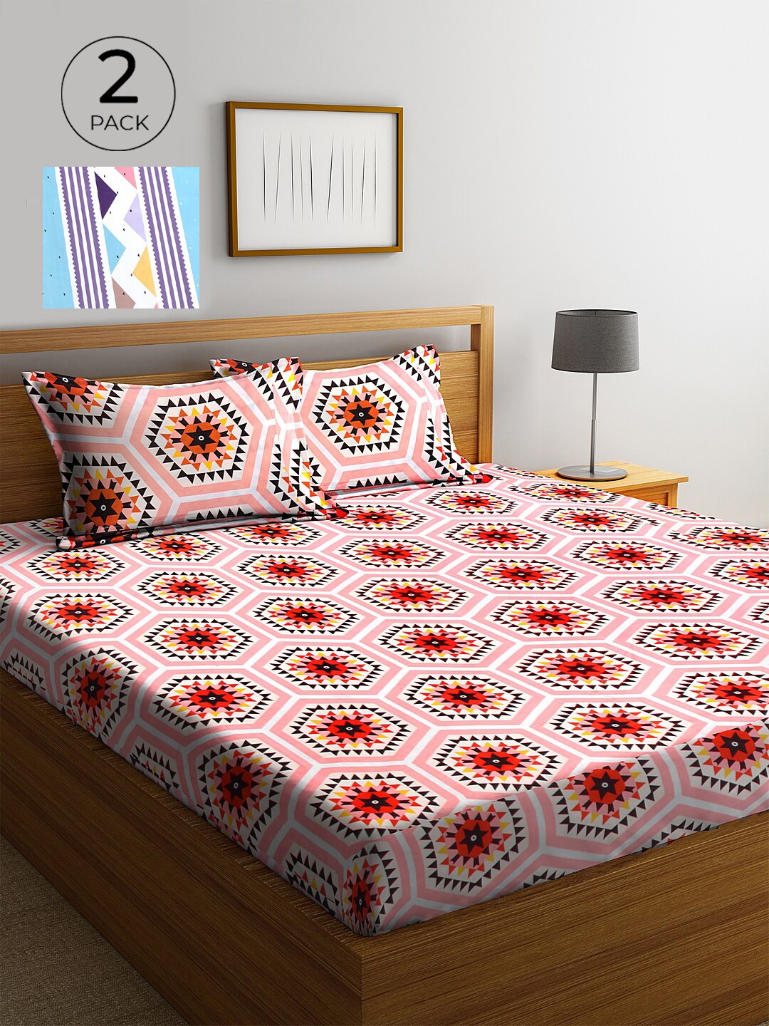 KLOTTHE Blue & Pink Geometric 210 TC 2 King Bedsheet with 4 Pillow Covers