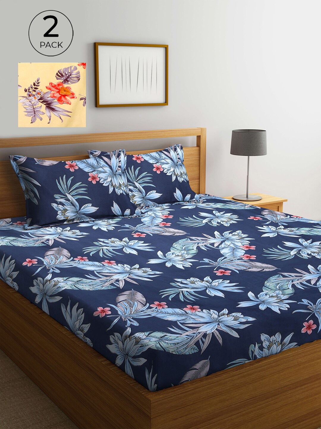 KLOTTHE Yellow & Blue Floral 210 TC 2 King Bedsheet with 4 Pillow Covers