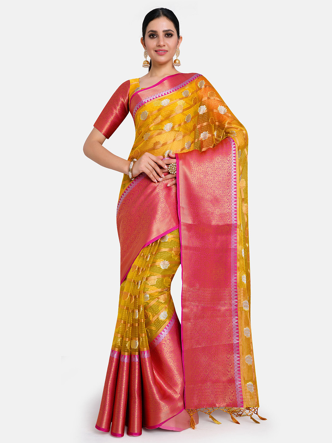 MIMOSA Yellow & Pink Ethnic Motifs Zari Organza Banarasi Saree
MIMOSA Yellow & Pink Ethnic Motifs Zari Organza Banarasi Saree