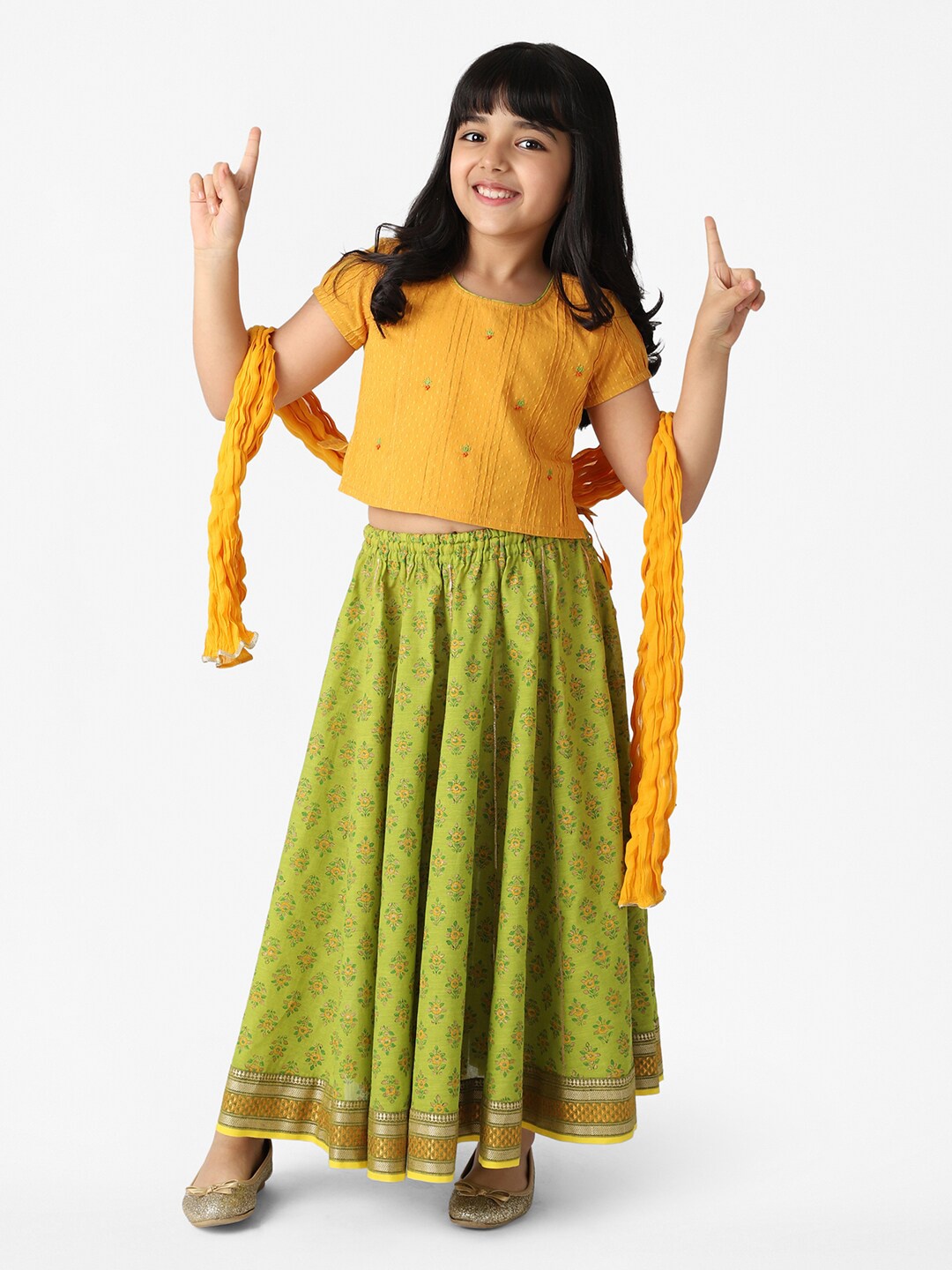 Fabindia Girls Green & Yellow Embroidered Ready to Wear Lehenga & Blouse With Dupatta