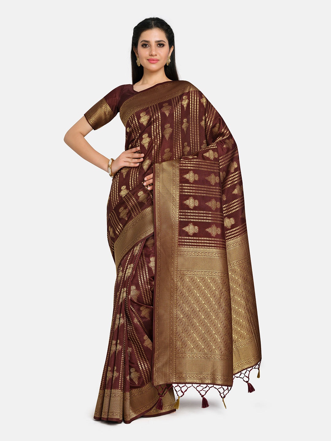 MIMOSA Brown & Gold-Toned Floral Zari Art Silk Kanjeevaram Saree