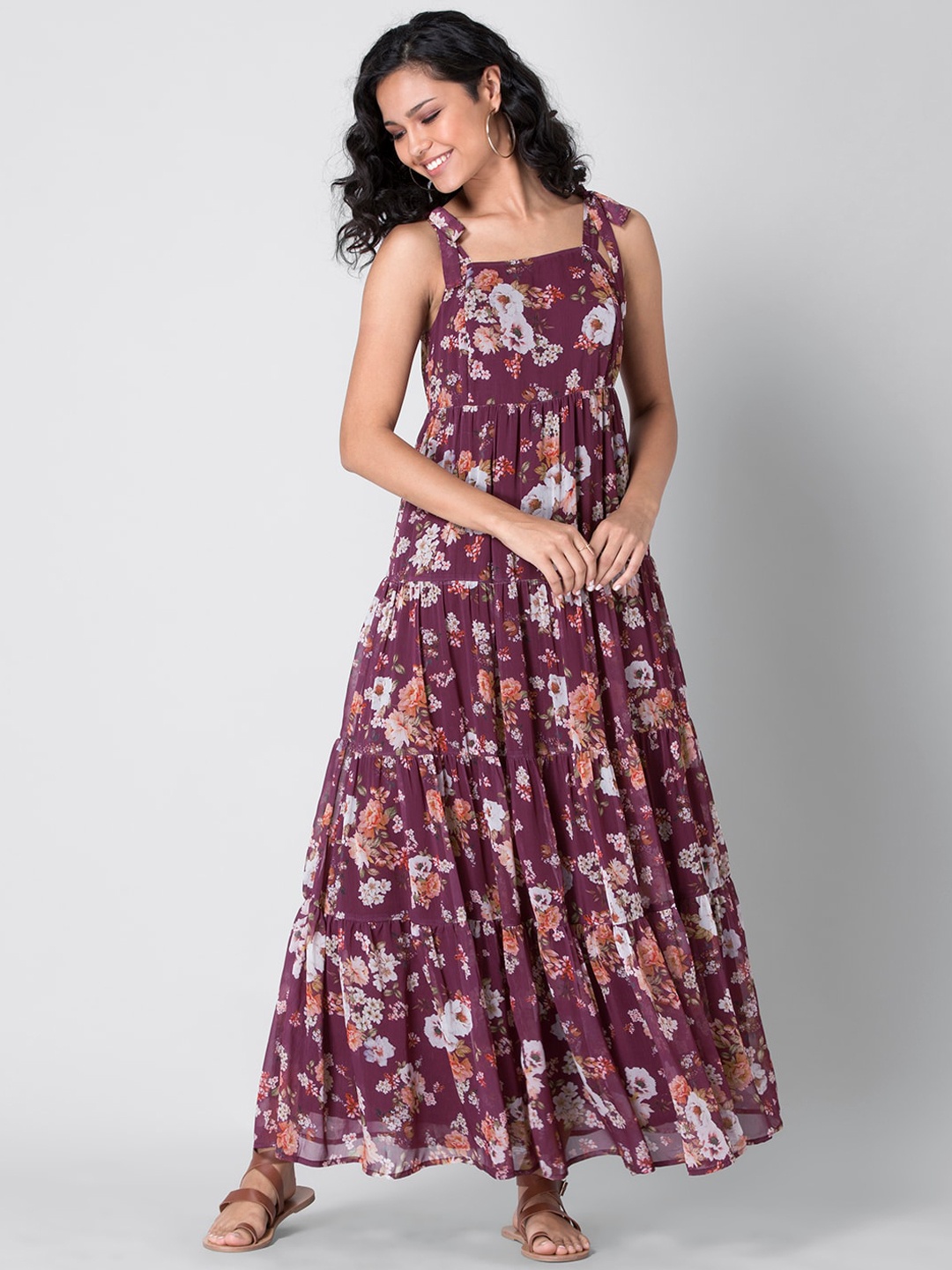 FabAlley Purple Floral Georgette Maxi Dress