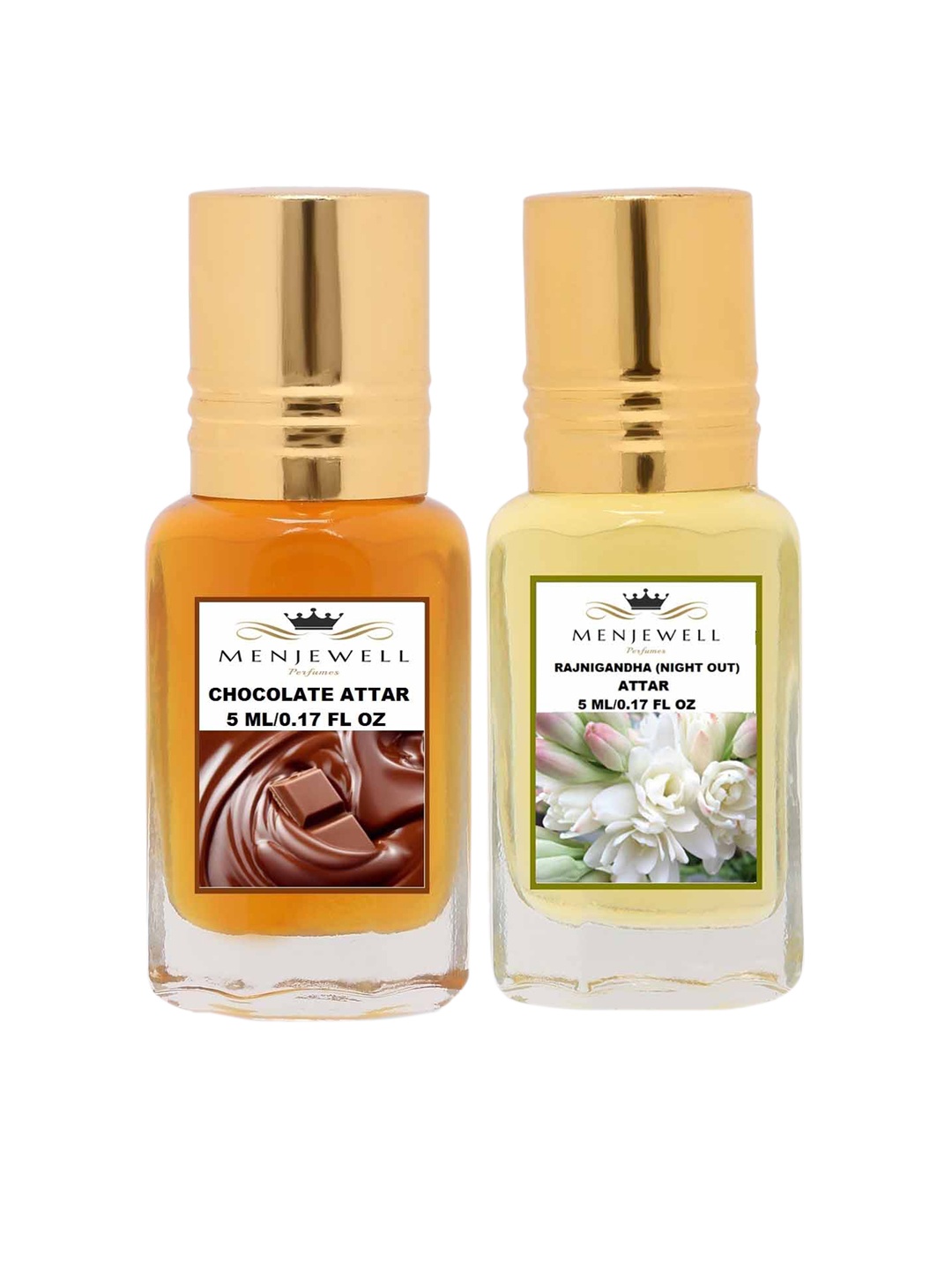 Menjewell Unisex Pack of 2 Rajnigandha Attar & Chocolate Attar - 5 ml Each, Transparent
Menjewell Unisex Pack of 2 Rajnigandha Attar & Chocolate Attar - 5 ml Each, Transparent