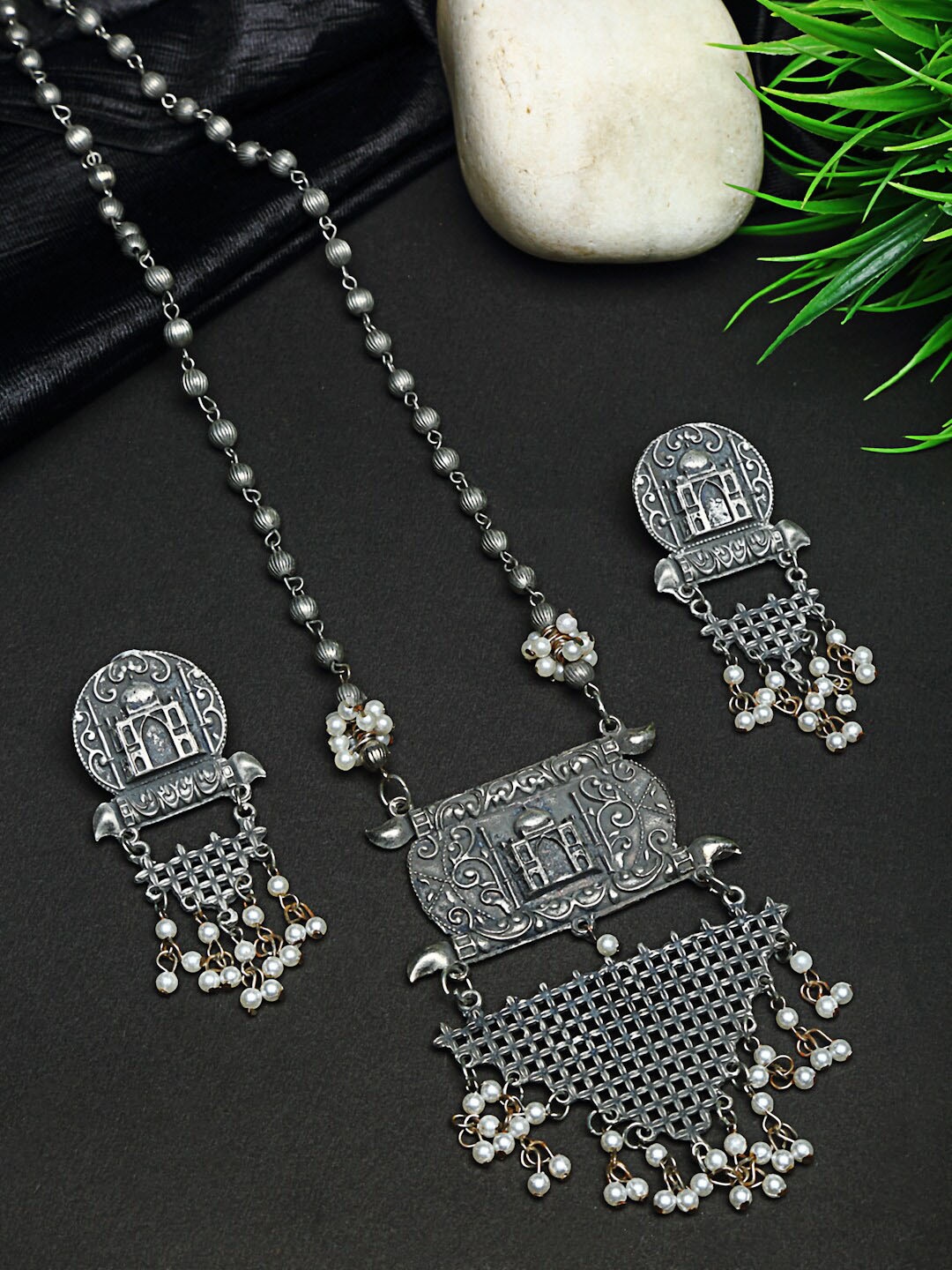 Moedbuille Oxidised Silver-Plated Pearl-Studded Temple Design Handcrafted Tribal Jewellery Set