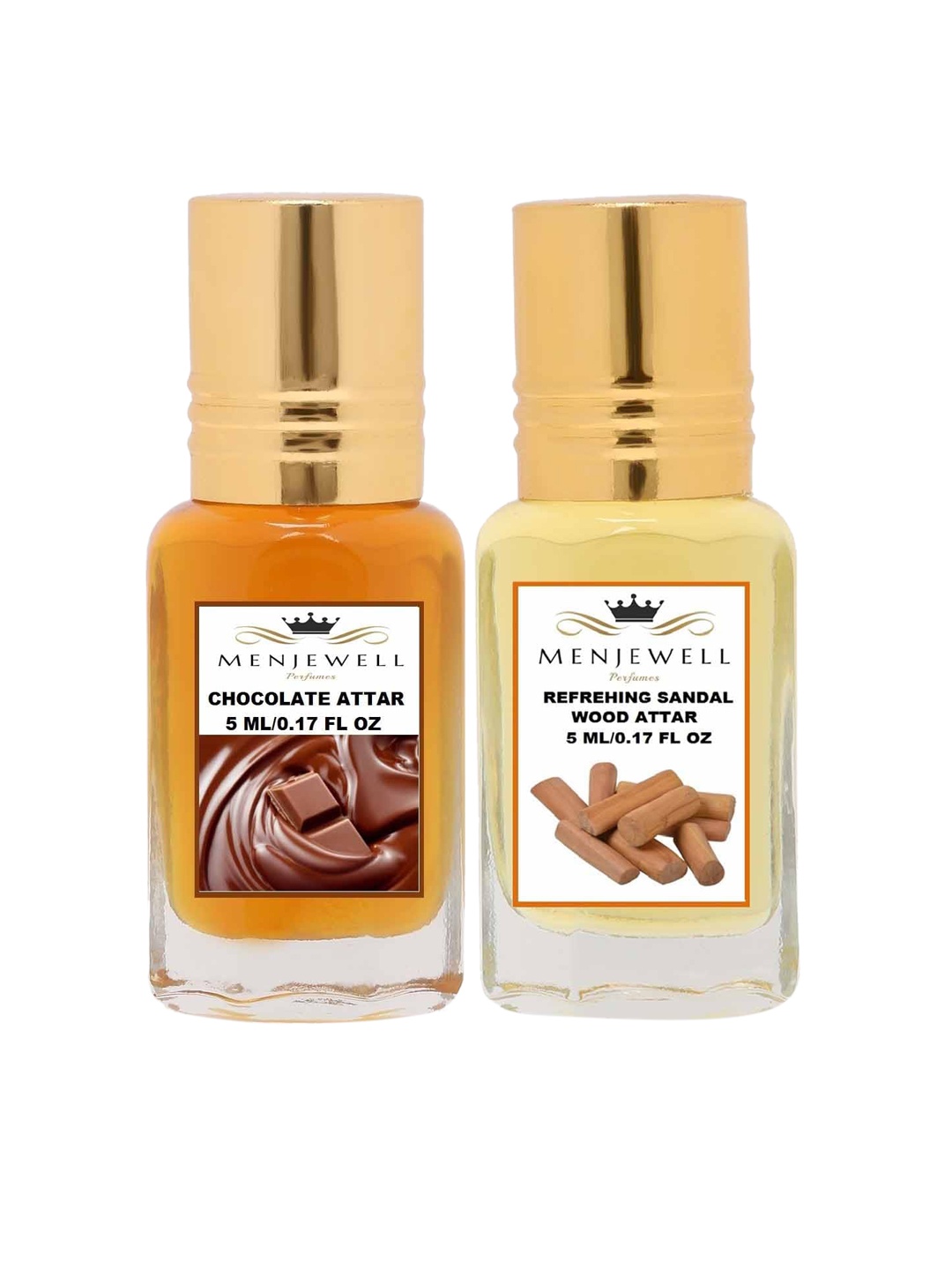 Menjewell Unisex Pack of 2 Refreshing Sandal Wood Attar & Chocolate Attar - 5 ml Each, Transparent
Menjewell Unisex Pack of 2 Refreshing Sandal Wood Attar & Chocolate Attar - 5 ml Each, Transparent