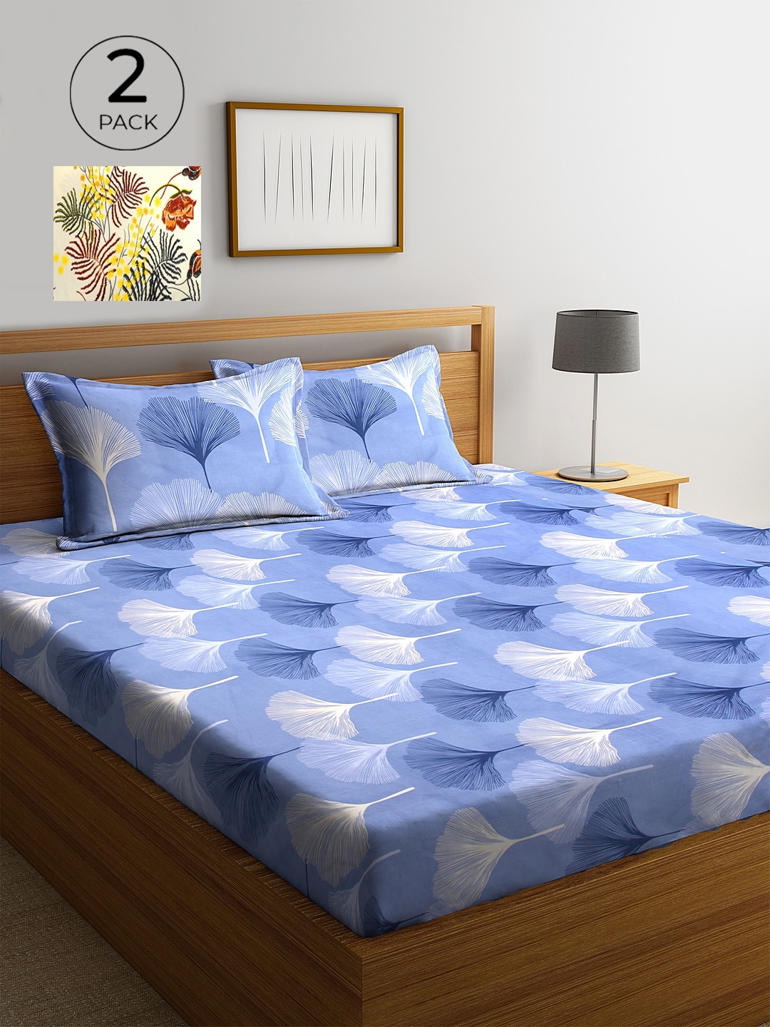 KLOTTHE Blue & Cream-Coloured Floral 210 TC 2 King Bedsheet with 4 Pillow Covers