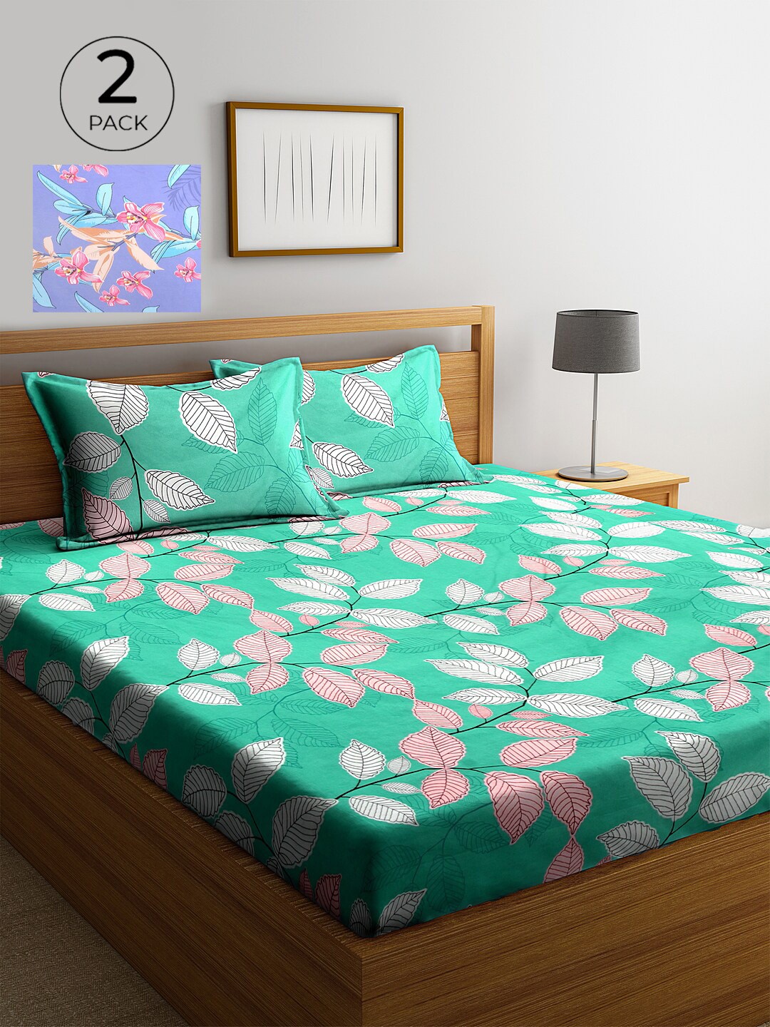 KLOTTHE Green & Blue Floral 210 TC 2 King Bedsheet with 4 Pillow Covers