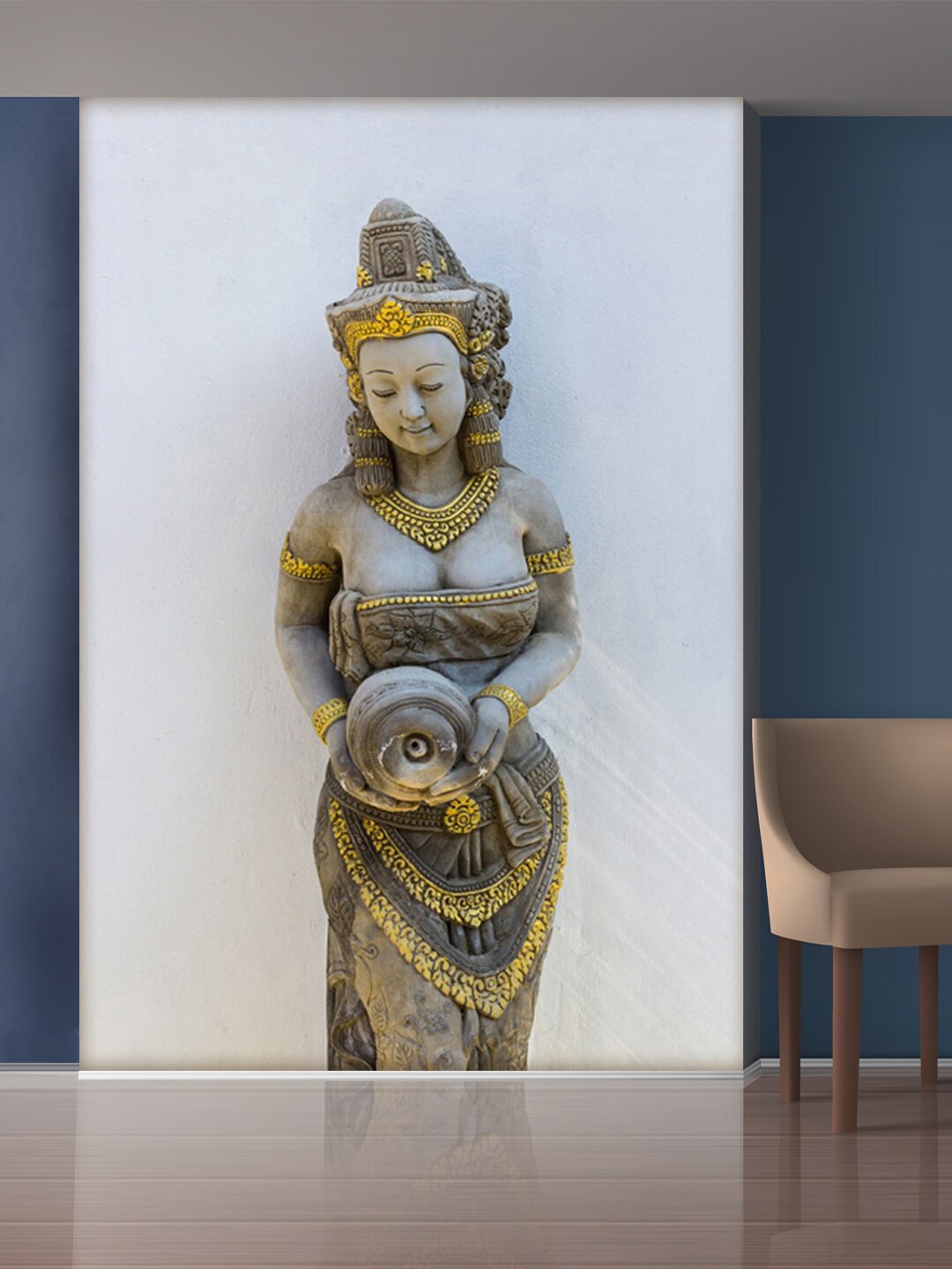 999Store Grey & Gold-Toned Standing Lady With Pot Mural Wall Stickers