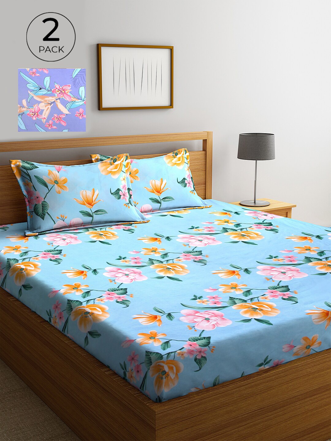 KLOTTHE Blue & Purple Floral 210 TC 2 King Bedsheet with 4 Pillow Covers