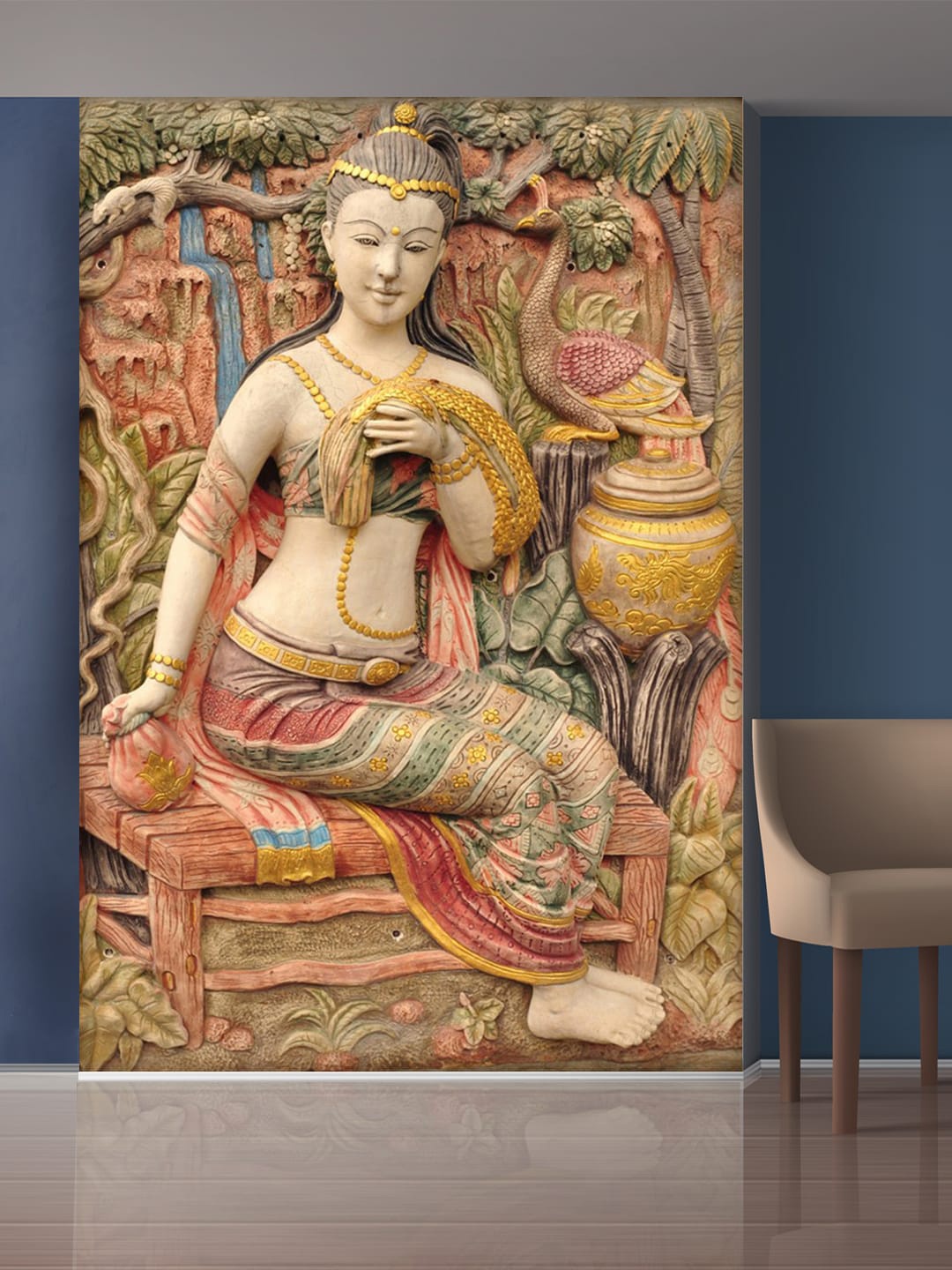 999Store Green & Red Sitting Lady Mural Wall Stickers