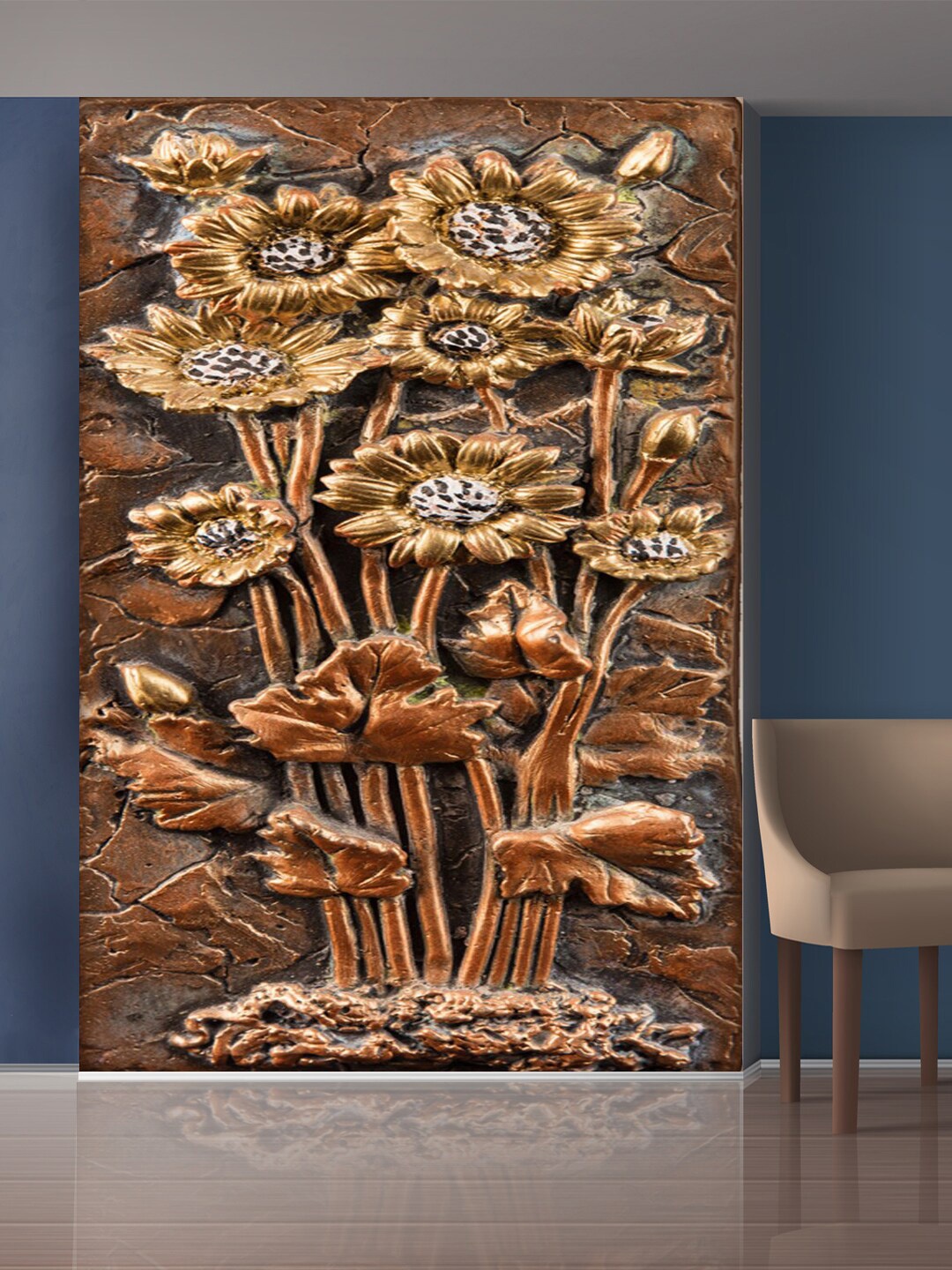 999Store Gold-Toned Flowers & Leaves Mural Self-Adhesive Wallpaper
