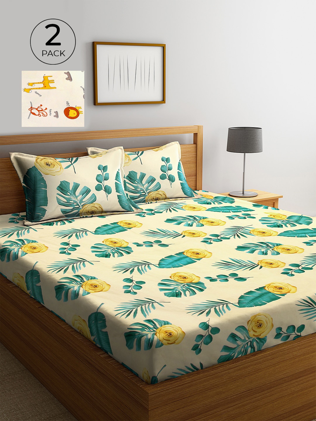 KLOTTHE Yellow & Blue Floral 210 TC 2 King Bedsheet with 4 Pillow Covers