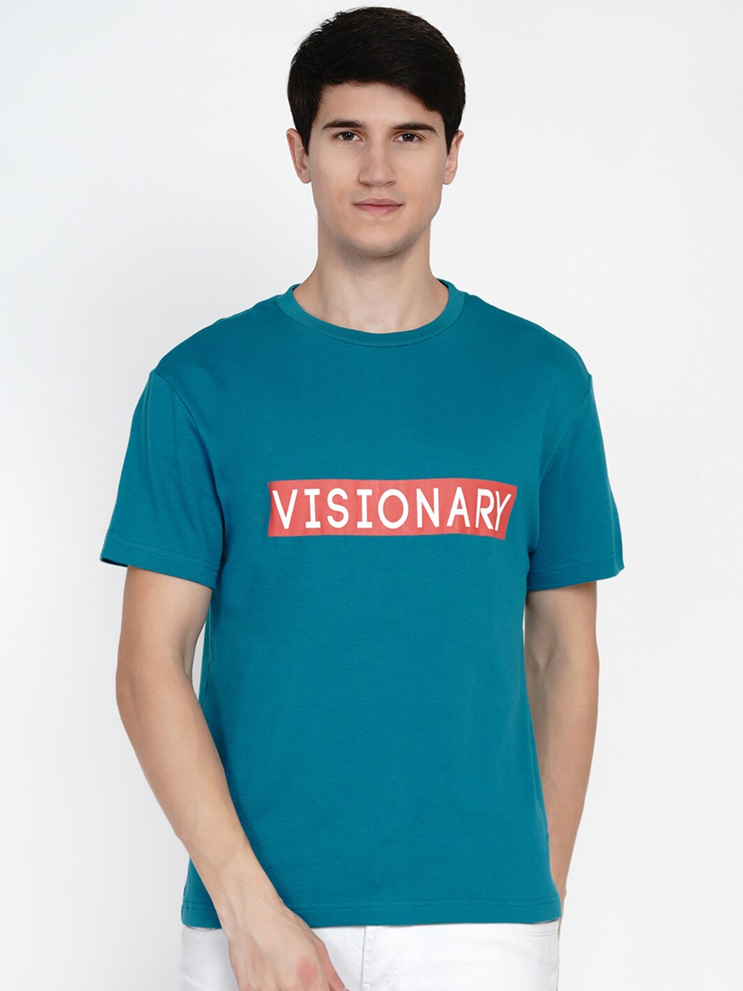 berrytree Men Teal Blue Typography Printed Slim Fit Organic Cotton Sustainable T-shirt