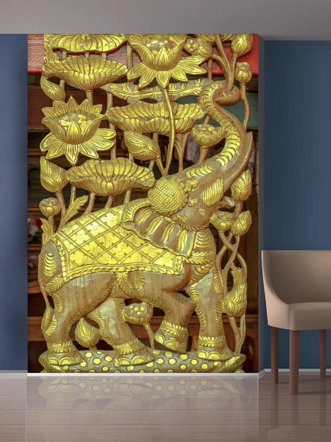 999Store Gold-Toned & Beige Flowers & Elephant Mural Wallpaper