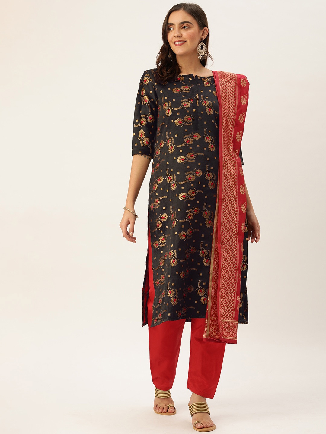 Kvsfab Black & Red Silk Crepe Unstitched Dress Material