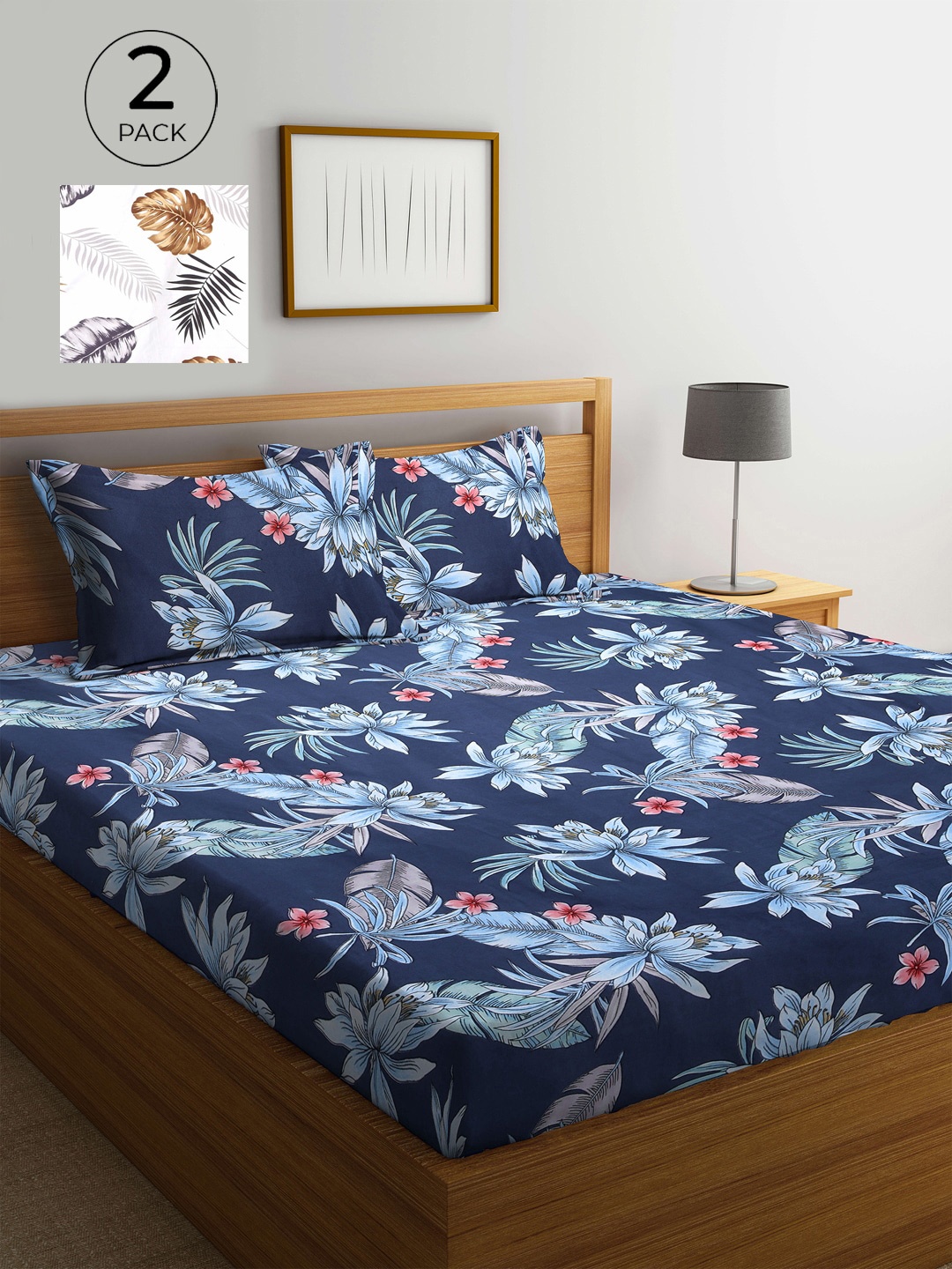 KLOTTHE Floral 210 TC 2 King Bedsheet with 4 Pillow Covers, Blue