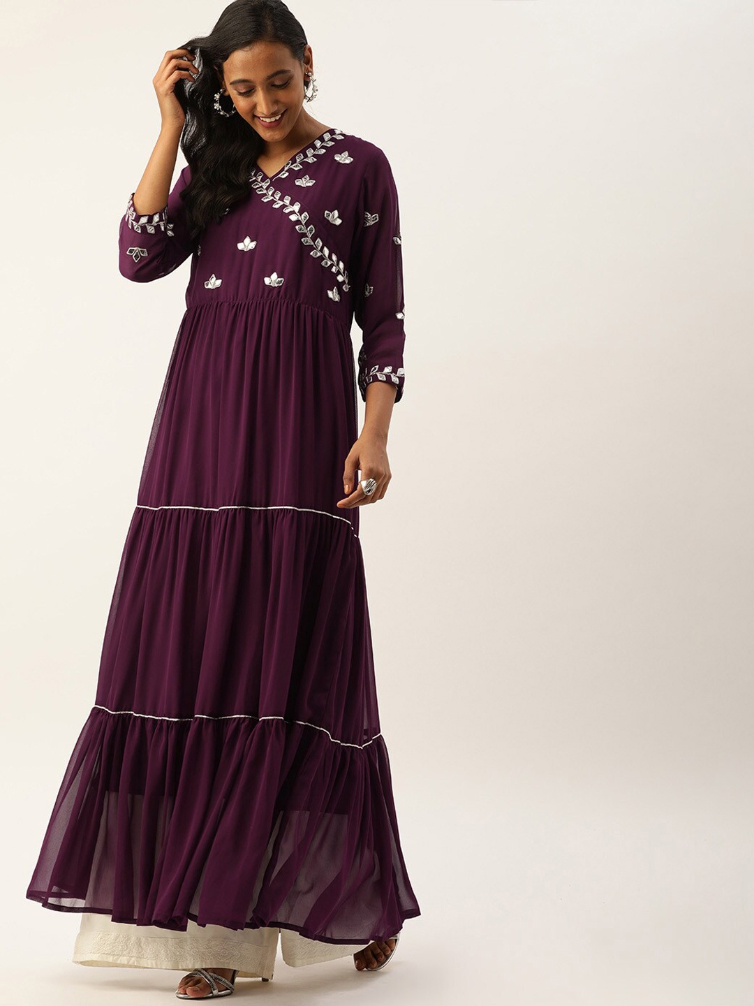 Varanga Women Burgundy Yoke Design Patchwork Georgette Anarkali Kurta