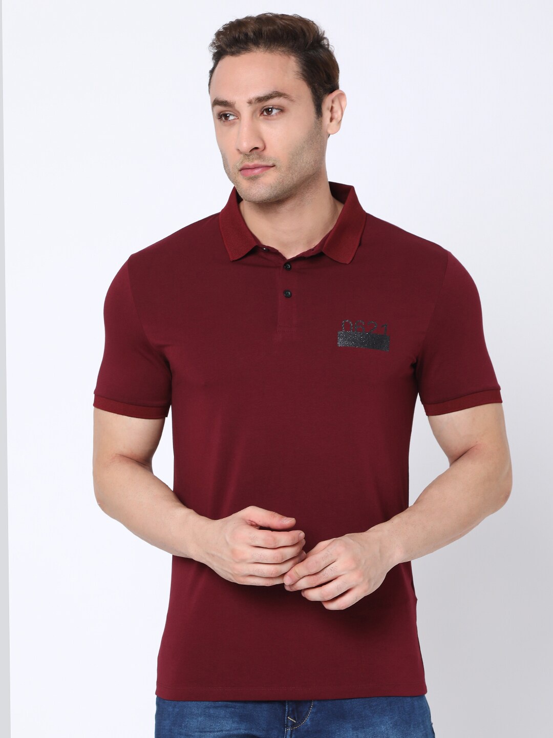 Rex Straut Jeans Men Maroon Polo Collar Slim Fit T-shirt