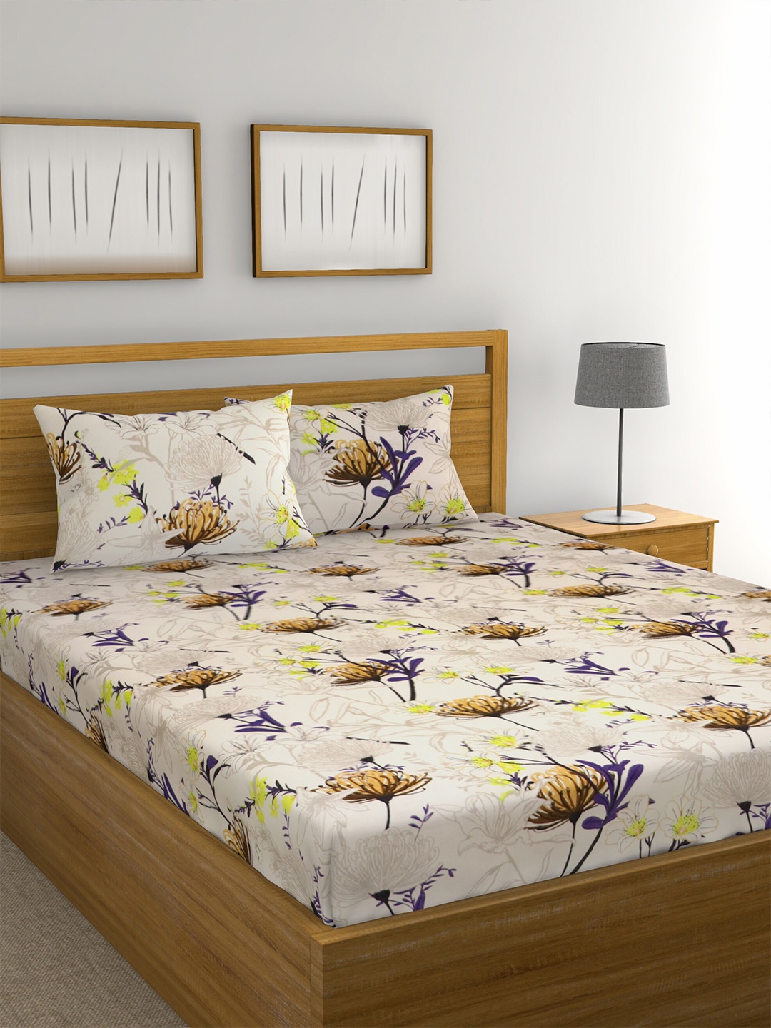 Raymond Home Cream & Brown Floral 104 TC Queen Bedsheet with 2 Pillow Covers