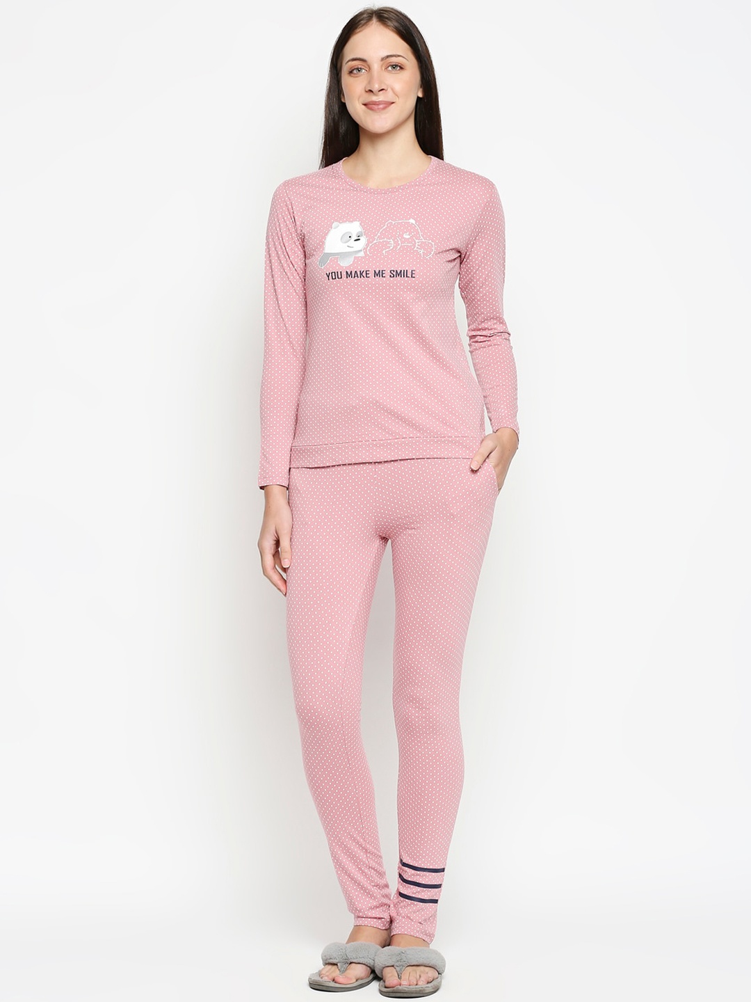 XIN Women Pink & White Printed Night suit